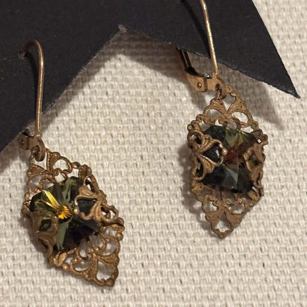 Vintage Filigree Drop Earrings with Olive Green Czech Glass Stones